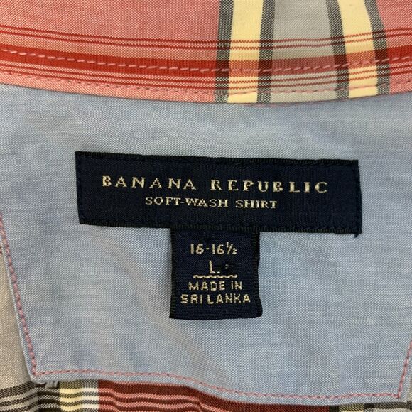 Banana Republic Soft Wash Shirt Men L Large Red Plaid Flip Cuff Cotton Button Up - Picture 7 of 13